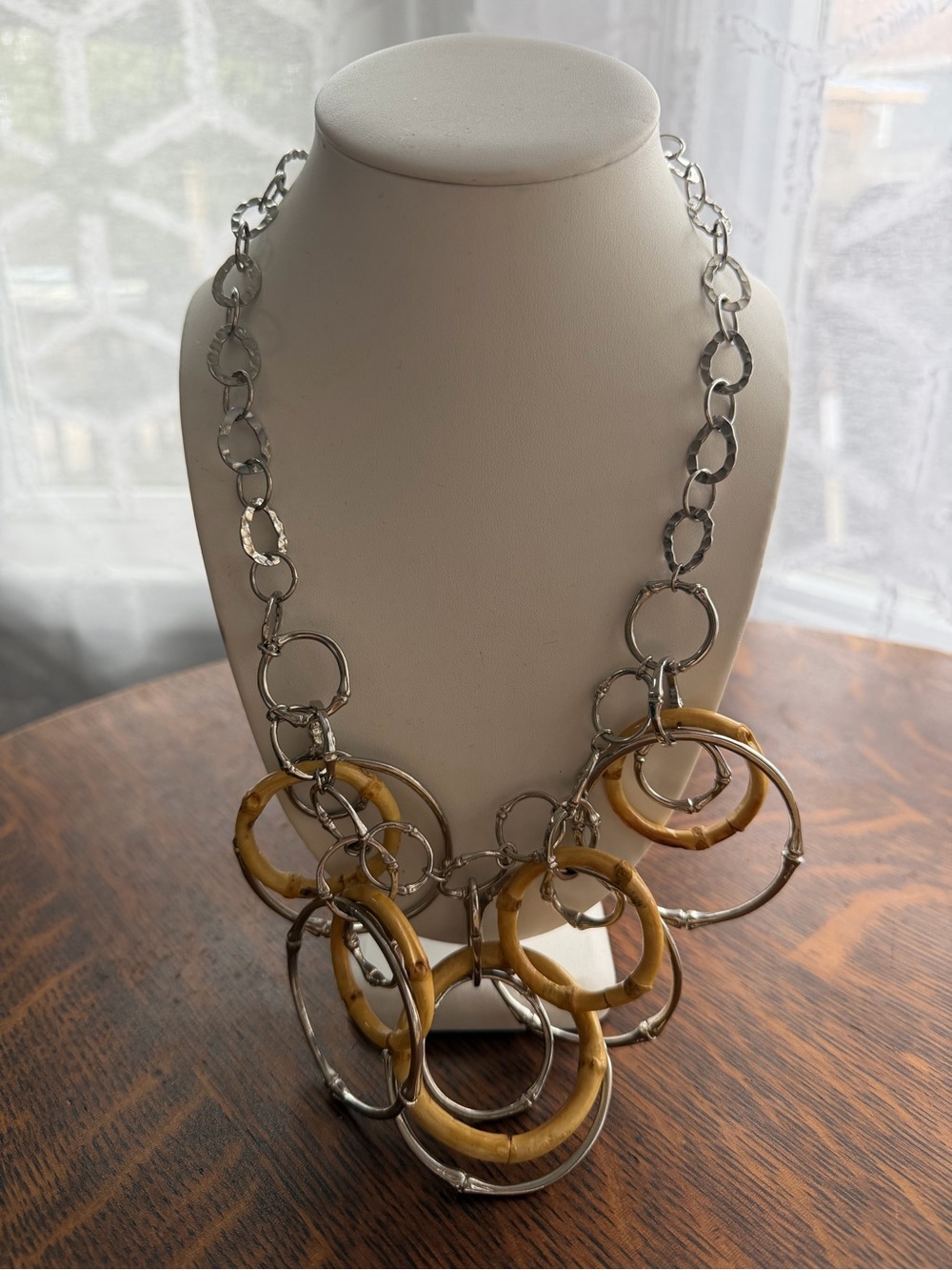 Stylish Silver Chain Necklace with Honey Brown Bamboo Hoop Accents